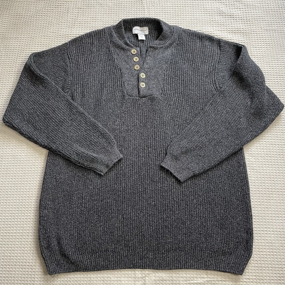 Vintage Eddie Bauer Henley Sweater XL Tall XLT Mens Rib Knit Heavyweight USA